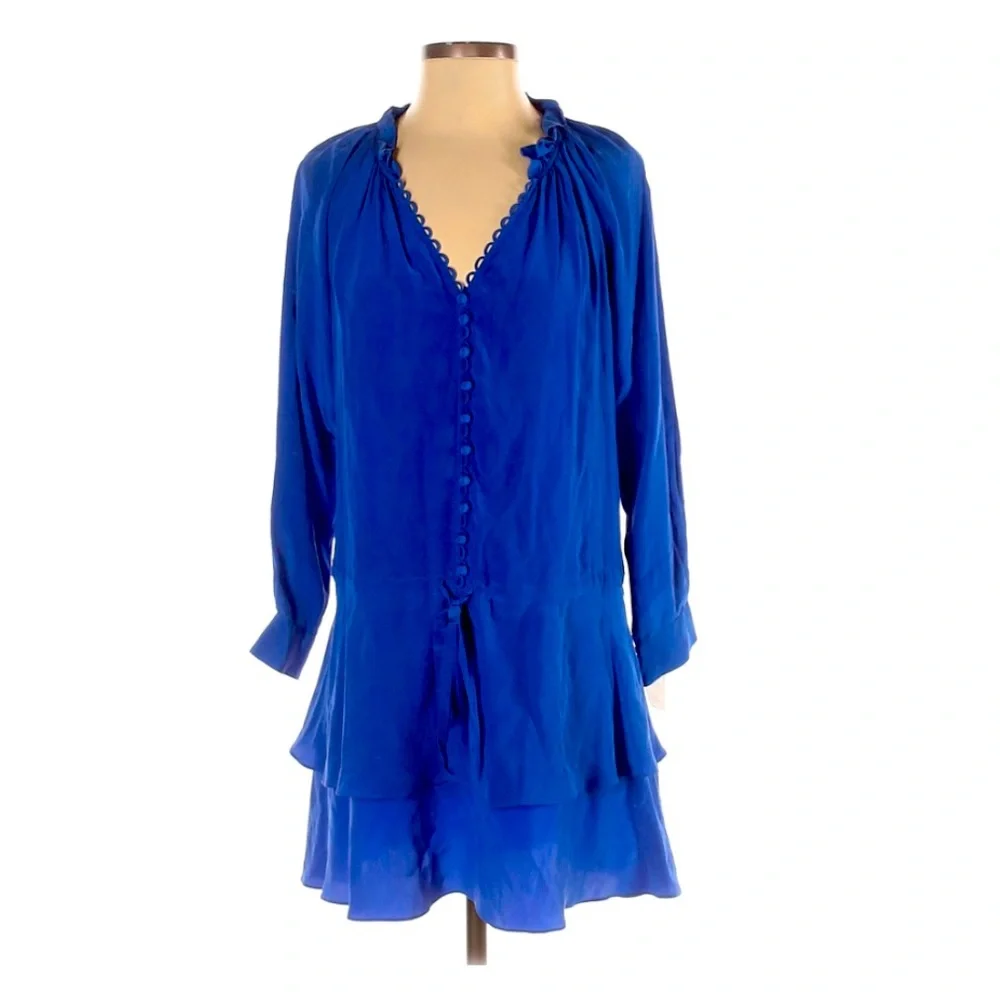 0313 Rebecca Taylor 100% silk ruffle hem cobalt blue dress sz 0 - Picture 1 of 8
